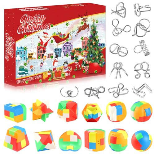 Adventskalender 2025 Knobelspiele für Kinder & Erwachsene, 24 Tage von Weihnachtskalender mit Metall Knobelei und 3D Plastikpuzzle, Rätselspiele, Weihnachts Geschenke für Jungen, Mädchen Teenager