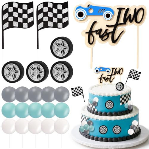 Two Fast Race Car Cake Toppers Set, Racing Car Birthday Party Decorations with Checkered Flags, Wheels & Balloons, Birthday Cake Topper for Racing Themed Party Supplies