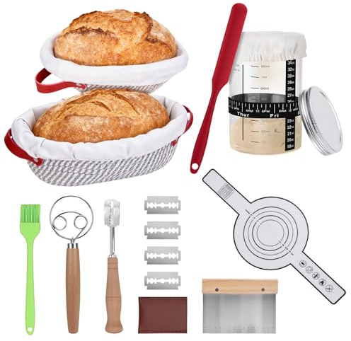 Turmegtt Banneton Pour Pain, Rond et Ovale Banneton, 11 Pièces Kit Pain Au Levain, Avec 2 Paniers De Levain, Couteau à Avec 5 Lames, Brosse, Grattoir Et Housse De Linge, Kit Boulangerie Professionnel