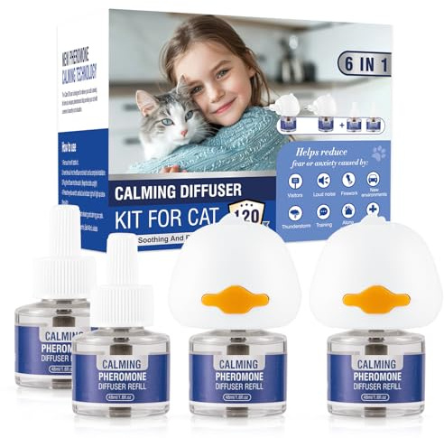 Piuess Feromoni Gatto Calmante 6 in 1 per Gatti Diffusore Kit Tranquillante Antistress Repellente Calmanti Irrequieti Felini Rilassanti Tranquillanti Feromoni Insapore（2 Tappo + 4 Ricariche da 48ml）