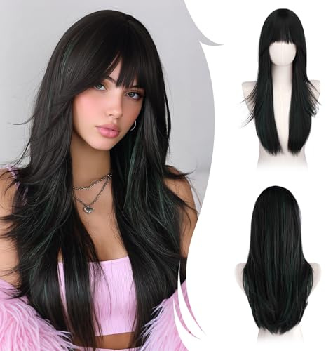 RUWISS Pelucas Largas Rectas para Mujeres con Flequillo, 65 cm Peluca Sintética Natural Resistente al Calor para el uso Diario en Fiestas Cosplay, Negro Mezclado con Verde
