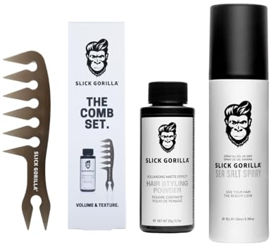 Slick Gorilla Hair Styling Set for Men – Matte Texture Powder & Carbon Wide Tooth Comb and Sea Salt Spray 200ml (6.76 fl oz), Non-Greasy, Lightweight, Adds Volume & Hold