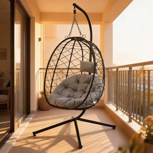 Hängesessel Outdoor mit Gestell, Polyrattan Schaukelsessel für Garten Balkon Terrasse, Hängesessel mit Kissen, Wetterfest Belastbar bis 120 kg für Indoor Outdoor Grau.