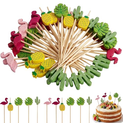 Cocktail Sticks, 100 Pieces Summer Hawaiian Mixed Pastry Skewers, 12 cm Wooden Cocktail Sticks, Wooden Fruit and Dessert Sticks for Cake and Pastry Decoration
