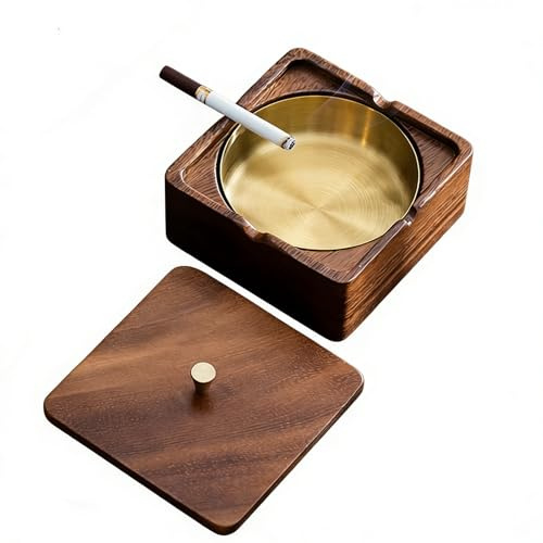 Cendrier en bois massif avec couvercle – Insert en acier inoxydable – Cendrier de table pour salon, bureau, terrasse, idée cadeau | Yuziwi (cendrier carré)