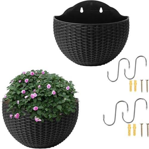 Generico 2 Pezzi Vaso Da Fiori Sospeso A Parete In Finta Rattan, Vasi Da Fiori Da Appendere Alla Parete Semicerchio, Portapiante Fioriere A Muro Con Foro Di Drenaggio E Ganci Per Recinzione Balcone