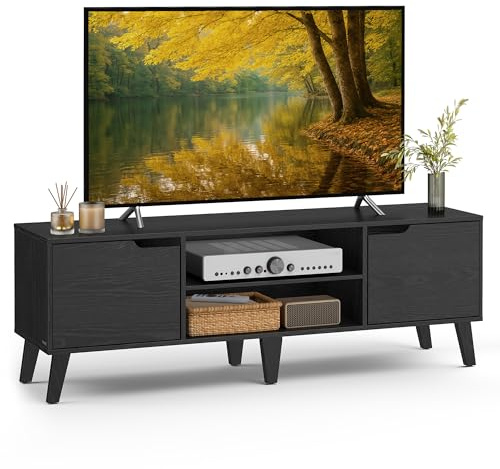 VASAGLE TV-Schrank, Lowboard, Fernsehschrank mit Verstellbarer Ablage, für Fernseher bis zu 65 Zoll, 147 cm lang, Mid-Century Modern, Fernsehtisch, Wohnzimmer, Schwarz LTV556B01