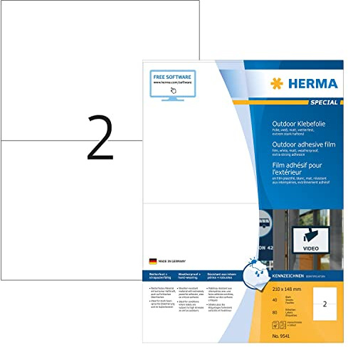 HERMA 9541 väderbeständiga folieetiketter A4 (210 x 148 mm, 40 ark, polyeten, matt) självhäftande, utskrivbara, extremt stark häftande utomhus filmetiketter, 80 klistermärken, vit