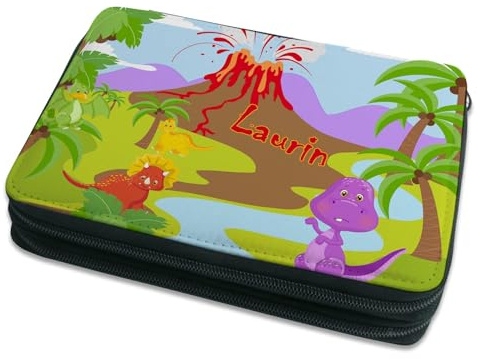 CreaDesign Kinder Federmäppchen mit (Wunsch) Namen, einzigartige Federtasche durch Personalisierung, Schulmäppchen - Motiv Dino