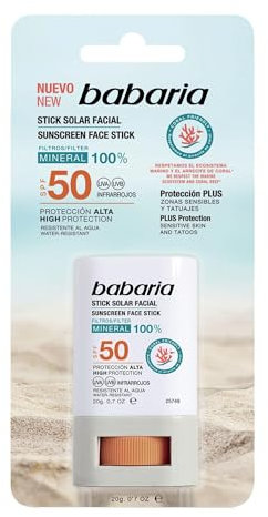 Babaria - Stick Solar Facial 50 | Protección Alta Con Aloe Y Manteca De Karité | Coral Friendly Y Biodegradable | Resistente Al Agua Y Al Sudor | Vegano | Stick Solar Niños, 20g
