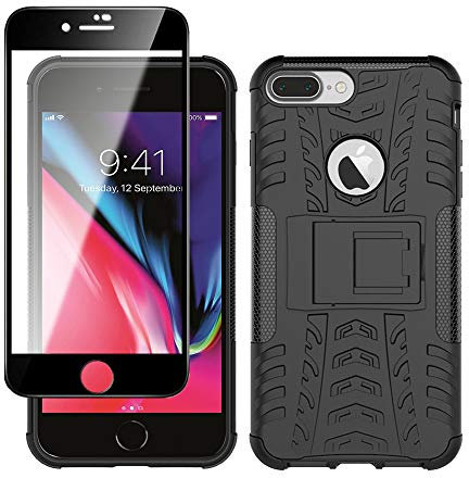 Yiakeng Handyhülle für iPhone 7 Plus Hülle, iPhone 8 Plus Hülle, mit Schutzfolie, Stoßfest Schlank Silikon 360 Grad Schutz Mit Ständer für Apple iPhone 7 Plus/8 Plus (Schwarz)