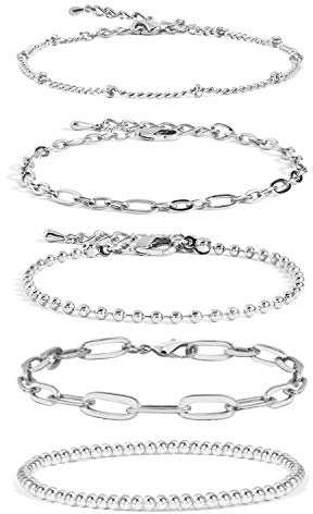 CONRAN KREMIX Silver Chain Bracelet for Women,Stake Layered Dainty Link Paperclip Bracelets Set,Trendy Silver Jewelry For Women