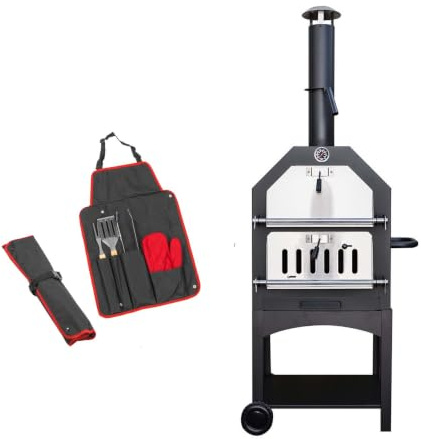 KCT Outdoor Wood Fired Pizza Oven with Stone, Temperature Gauge, Storage Shelf and BBQ Tool Set