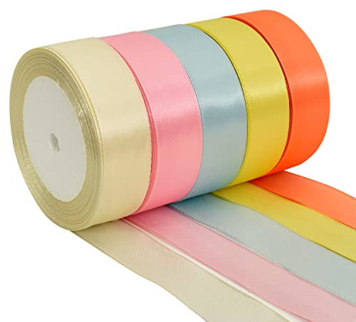TONIFUL 5 Farben 115M x 25mm Satinband Geschenkband Schleifenband Stoffband Dekoband Stoff Bänder zum Basteln und Geschenk Verpacken, Dekoration, Blumen, Basteln, Makaron Regenbogen（23M/pro Volumen）