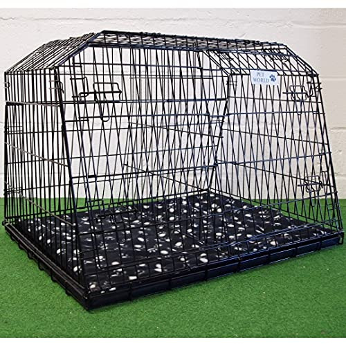 Pet World 38 Premium Small Sloped Car Dog Cage - Designed for Estate & 4x4 Cars - High Carbon Steel Boot Travel Crate - Easy Assembly - Double Doors - Removable Waterproof Base