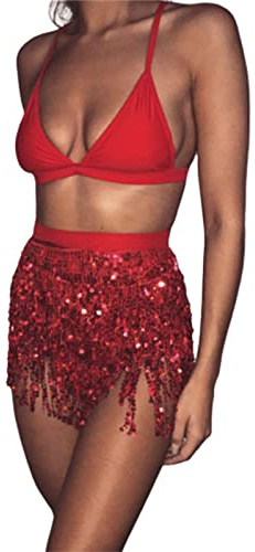 Yienate Sexy Damen Bauchtanz Kostüm Fransen Pailletten Rock Hüfte Quaste Glitzer Wrap Karnevals Kostüm (Rot)