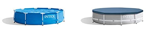 Intex 28202NP - Piscina Redonda Metal Frame 305x76 cm 4485 litros + depuradora, Multicolor + 28030 - Cobertor Piscina metálica Metal & Prisma Frame 305 cm