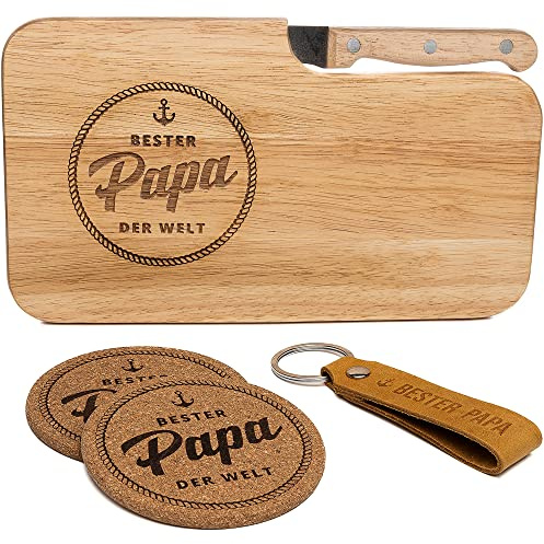 Geschenke für Papa Geschenk | Bester Papa Geschenke | Geburtstagsgeschenk für Papa Geschenkset Frühstücksbrettchen + Schlüsselanhänger mit Untersetzer