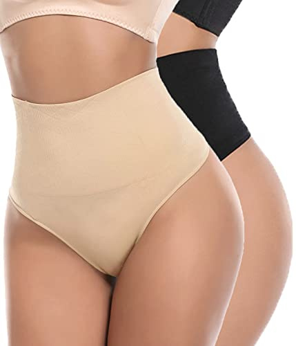 SOLO ACTFIT Skärp Stringtrosor Reducerande Braguita Gjutning Bantning Hög Midja Thong String Mage Platt Trosor Buk Shapewear för Kvinnor, Svart + Beige, S
