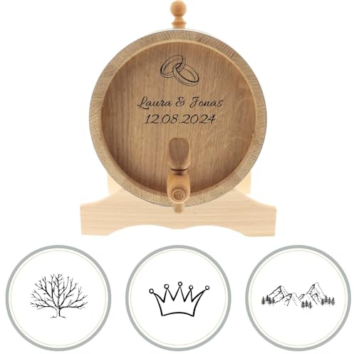 HOFMEISTER® Holzfass mit Gravur 2 Liter – Eichenfass personalisiert mit Name und Motiv, inklusive Holzhahn und Lagerbock – Geschenk für Männer, Handarbeit (1 Stück)