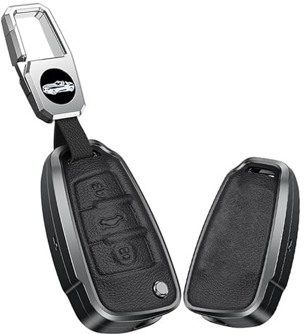 KUNIO Klapp Schlüsselhülle Passt für Audi C5 C6 R8 A1 A3 A4 A5 A6 A7 Q3 Q5 Q7 S6 B6 B7 B8 8P 8V 8L Aluminiumlegierung Leder Autoschlüssel Hülle Schutzhülle Schlüsselanhänger 3 Tasten Schwarz