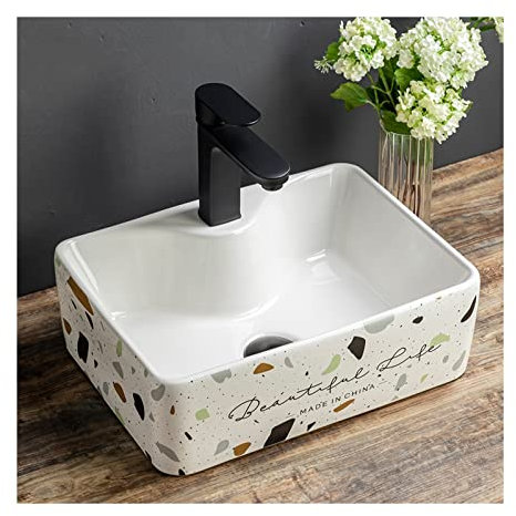 Lavabo Lavabo-vasque rectangulaire avec robinet noir Lavabo-vasque de salle de bain en céramique terrazzo moderne au-dessus du comptoir Lavabo-lavabo Lavabo en porcelaine Bassin d'art en porcelaine sa