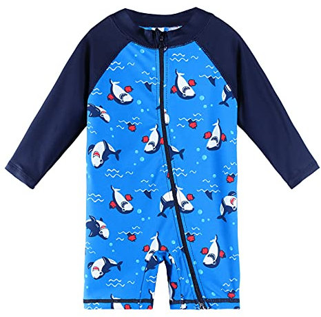 HUAANIUE 1 pieza niño bebé traje de baño anti-UV UPF 50+ bebé niño traje de baño de una pieza manga larga con cremallera 1 mes-6 años, S271-azul marino tiburón, 1-2 Años