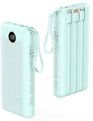 VRURC Portable Charger 20000mAh, Built-in Cables Fast Charging Power Bank, PD QC 3.0 Travel Essentials Battery Pack, 4 Output & 2 Input Phone Charger for iPhone16 15 14 13 X, Samsung, Android-Green