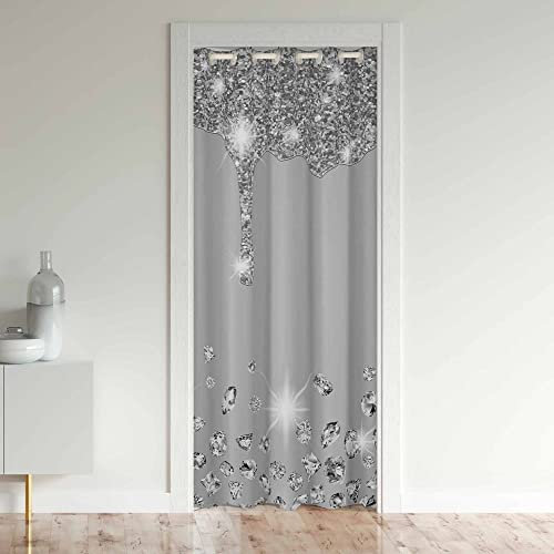Loussiesd Glitter Door Curtain for Doorway Privacy - Diamond Closet Door Cover for Bedroom & Living Room - Silver Shiny 30%-50% Room Darkening Blackout Insulated Thermal Curtain - 86x203cm - 1 Panel