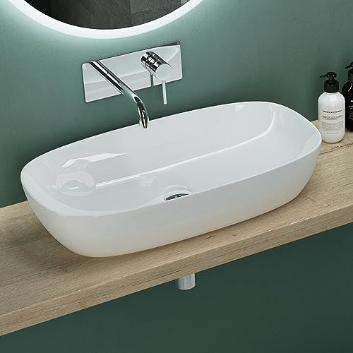 Mai & Mai Lavabo da Appoggio 70x37x13,5cm, Lavandino Bagno in Ceramica con Nano Rivestimenti inclusi, Bianco, Brüssel104