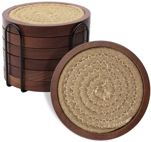 Mckanti 6 Pack Wood Coasters for Drinks with Cotton Coasters Insert, Wooden Coasters with Holder for Coffee Table Decor, Absorbent Coasters for Kinds of Cups, 4.3 Inches