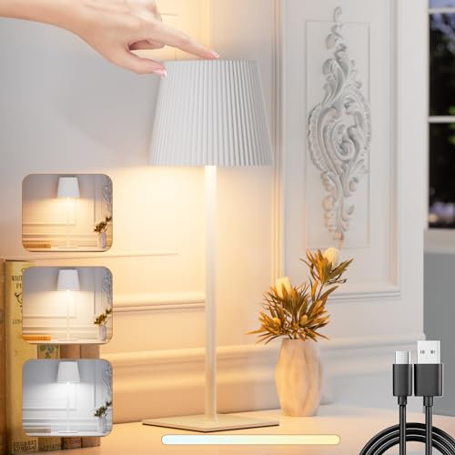 skelo Tischlampe Kabellos Dimmbare Touch LED Akku Tischlampe 3 Farbtemperatur Höhenverstellbar IP54 4000mAh Für drinnen und draußen geeignet Wiederaufladbar USB-C Metallmaterial Weiß 1 Stück