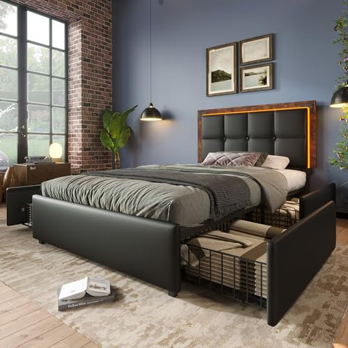 WIZBED LED Bett 90x200cm mit 4 Schubladen, Polsterbett mit Verstellbares Kopfteil, Einzelbett mit Stauraum für Erwachsene & Jugend, PU, Ohne Matratze,
