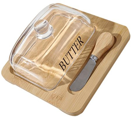 Ciieeo Butterdose Aus Holz Mit Glasdeckel Und Metallschneider Wiederverwendbare Butterdose Quadratische Butterschale Zur Frischhaltung Großer Butterbehälter Für Küche Und Kühlschrank