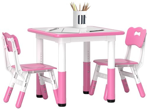 AIYAPLAY Kids Table and Chair Set, 3 Pcs Height Adjustable Activity Table Set with 2 Chairs, Easy to Wipe Arts & Crafts Desk, for Classrooms, Daycares, Homes - Pink