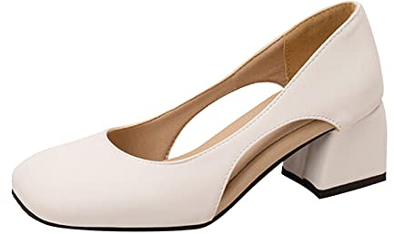 MVNB Dam Chunky Low Block Klackar Mary Jane Stängd tå Arbetspumpar Bekväm Rund tå Klänning Bröllopsskor Slip On Vadderad Bred Passform Extra bred Passbredd Ljusskor, Vitt, 38.5 EU
