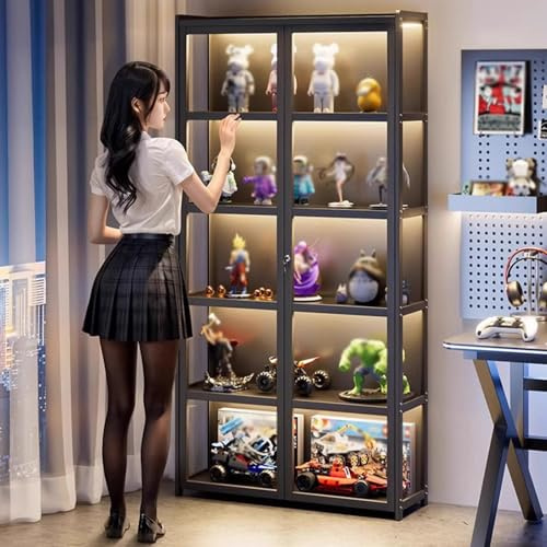 EFGETD Vetrina Espositiva Curio con Doppie Ante in Acrilico con Luci, Vetrina Angolare con Serratura per Oggetti da Collezione, Vetrina Espositiva per Figure Trasparenti(Nero,6 Floor 80cm)