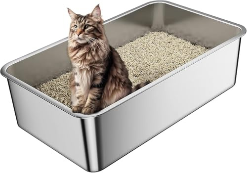 fuzhik Kattlåda i rostfritt stål, stor XXL-kattoalett (60 x 40 x 15 cm), öppen kattlåda av metall för katter i alla storlekar, non-stick-belagd, luktfri, rostfri och enkel att rengöra