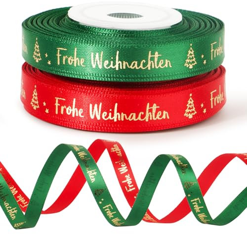 BOFUNX 2 Rollen Weihnachten Geschenkband Schleifenband Frohe Weihnachten Satinband Rot Grün Dekoband Basteln Bänder für Geschenk Weihnachtsdeko, 1cm×10Yards