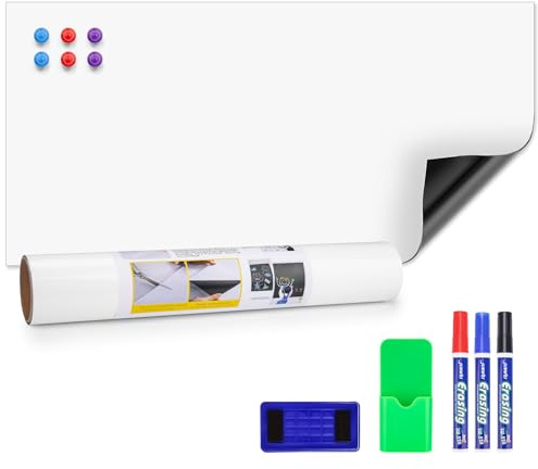 JEFURE Magnetisk Whiteboard-Film, 40×80 cm Magnetfilm Självhäftande, Suddbart Whiteboard Magnetisk med Markör och Svamp, DIY Magnettavla för Släta Ytor i Skolor, Kontor och Hem