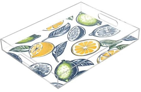 Plateau de service rétro en acrylique vert citron vert et citron, plateau rectangulaire transparent avec poignées, plateau de service pour table basse, cuisine, salle de bain