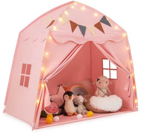 COSTWAY Lekhus barn inomhus, barntält med flaggor och ljusslingor, prinsessa lektält, stort tält barnrum för pojkar och flickor från 3 år, 157 x 98 x 148 cm (rosa)