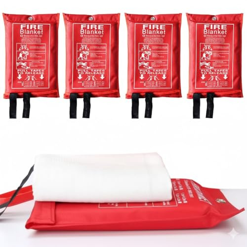 4 Pcs Fire Blankets with Soft Case & Loops, 1m x 1m Emergency Fire Blanket for Kitchen Home, Warehouse, Office, Car, Fireplace, Easy to Use, Quick Unfolding