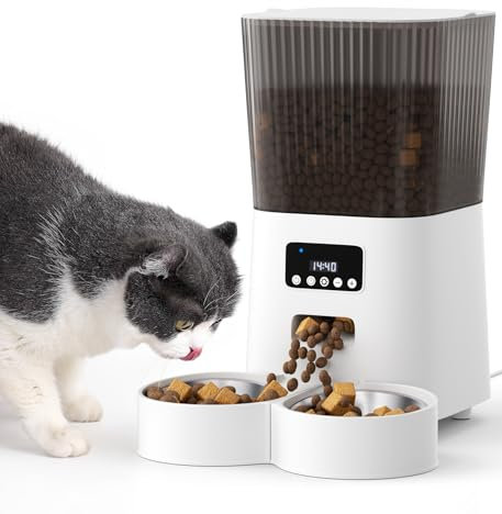 Tieker 5L Cat Feeder Automatic with Timer, Automatic Cat Feeder, 1-9 Meals Per Day, Cats Food Dispenser with 2 Bowl, Auto Pet Feeder for 2 kittens and Small Dogs, Dual Power Supply