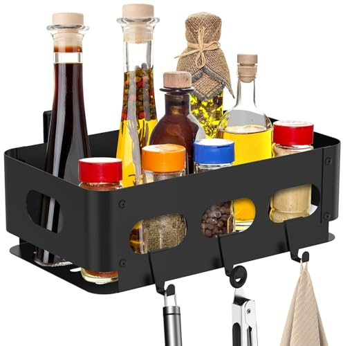 Grill Storage Bin Rustproof Iron Grill Caddy Organizer Space Saving Accessories Shelf with 3 Hooks Multifunctional Griddle Caddy for Oil Bottles Sauces Condiments Spatulas