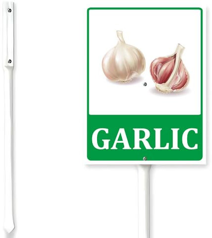 Horienteeon Knoblauch-Gartenschild mit Pfahl, Gemüse, Obst, Pflanzen-Marker für Hof, frische Kräuter, rostfrei, Nachbarschaft, Straße, Bauernhof, Zuhause, Rasen, Gehweg, Boden, Veranda