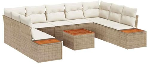 vidaXL Trädgårdsoffset med kudde 10 pcs Beige Poly rattan, Trädgård och terrass, modern modulär utemöbelset, lätt rattansoffa, väderresistent loungesoffa