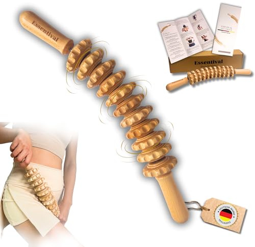 ESSENTIVAL® Premium Massageroller - für optimale Hautstraffung, Lifting, Faszienstab aus hochqualtitativem Holz - Anti Cellulite Massage für ganzen Körper, Massage Stab, Celullite Roller