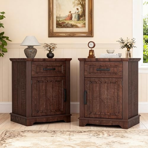 BonVache Vintage Nachttisch 2er Set, 45cm Breit Nachtkästchen mit Schublade und Magnetisch geschlossene Tür, Moderner Bauernhausstil Nachttische für Schlafzimmer, Lesezimmer, Wohnzimmer, Braun