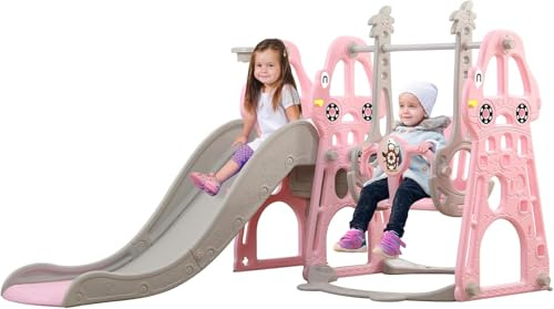 YULEYU Kinderrutsche Outdoor Indoor, Kleinkindrutsche mit Schaukel und Basketball-Reifen, Baby rutsche kinderzimmer, babyrutsche gartenrutsche für Kleinkind, Rosa